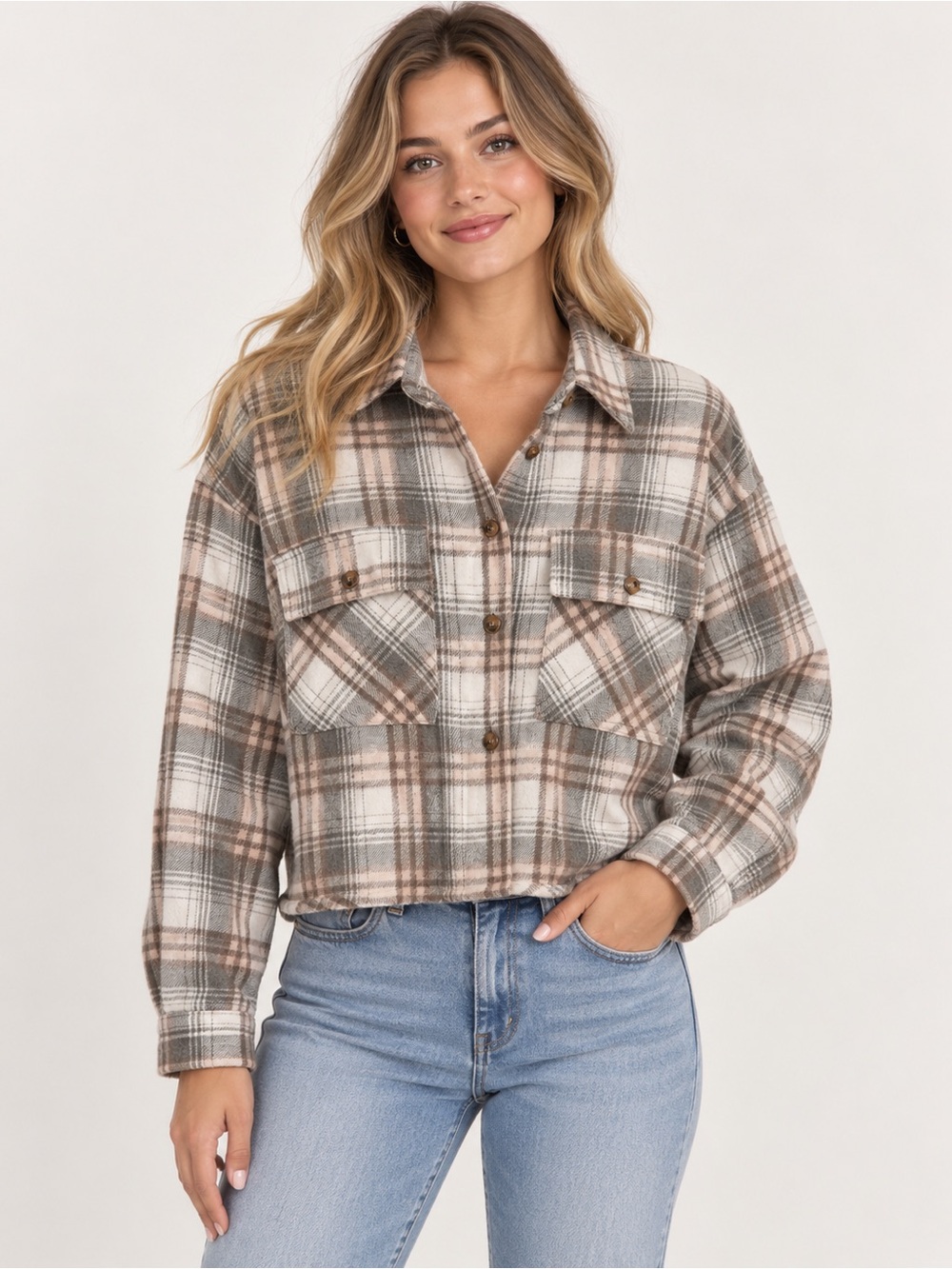 Miss Love Women’s Plaid Cropped Shacket Size Large NWT